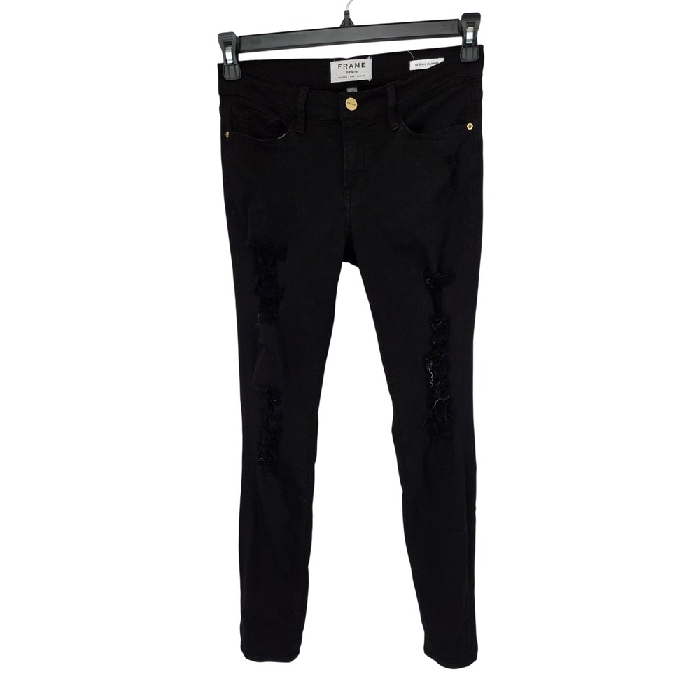 Frame Denim Le Skinny de Jeanne Black Distressed Skinny Jeans Womens 27 Shredded